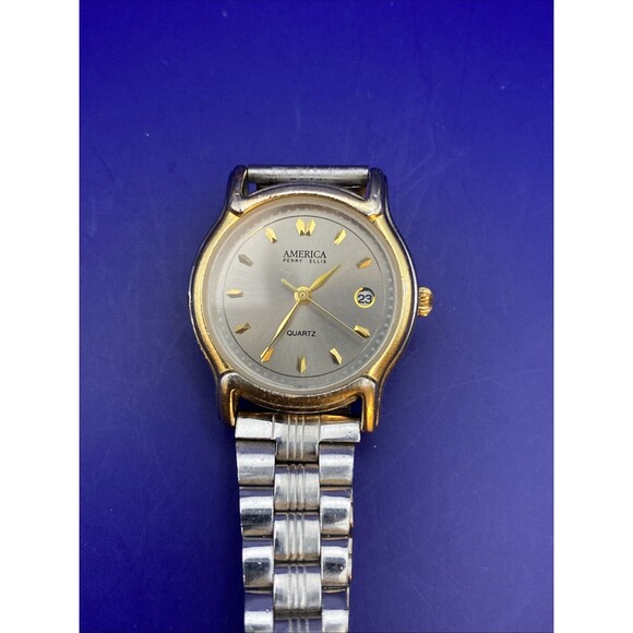 America Perry Ellis Ladies Watch Etched Dial With Date New Band - Picture 1 of 7